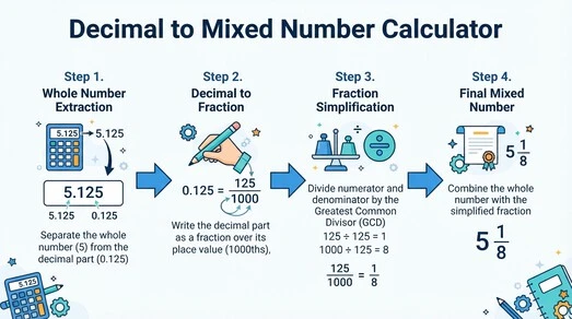 Decimal to Mixed Number Calculator step-by-step conversion process