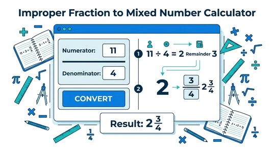 Improper Fraction to Mixed Number Calculator hero illustration