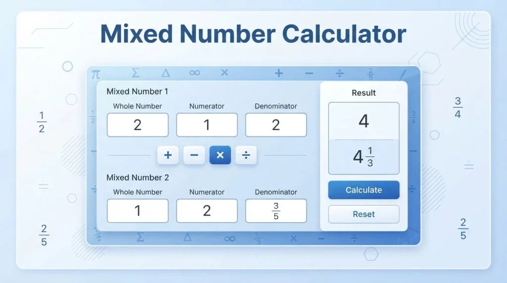 Mixed Number Calculator interface for solving mixed number problems