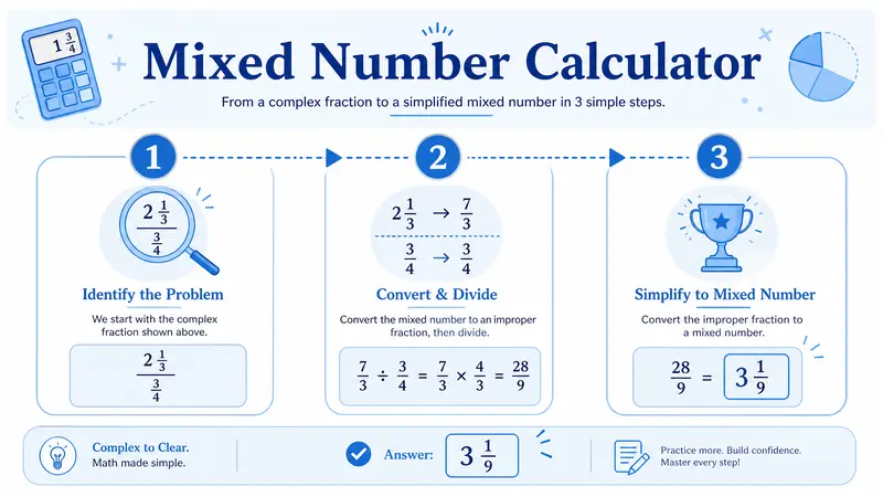 Infographic showing a three-step process for solving mixed number problems with a Mixed Number Calculator.