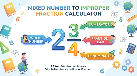 Mixed Number to Improper Fraction Calculator showing the parts of a mixed number
