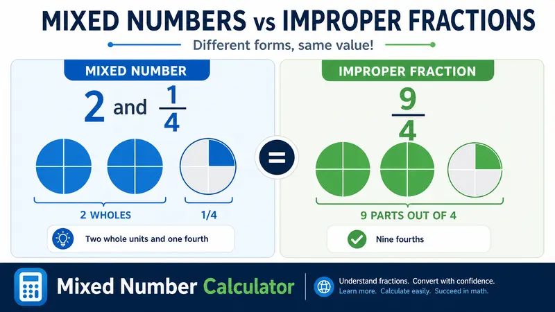 comparing mixed numbers and improper fractions with pie charts, featuring the Mixed Number Calculator.