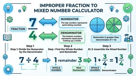Improper Fraction to Mixed Number Calculator fraction diagram