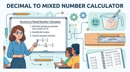 Decimal to Mixed Number Calculator used in cooking, construction, and education