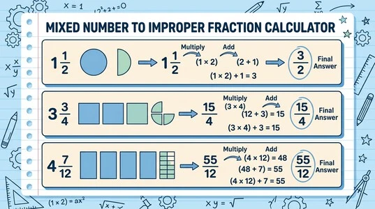 Mixed Number to Improper Fraction Calculator solved fraction examples