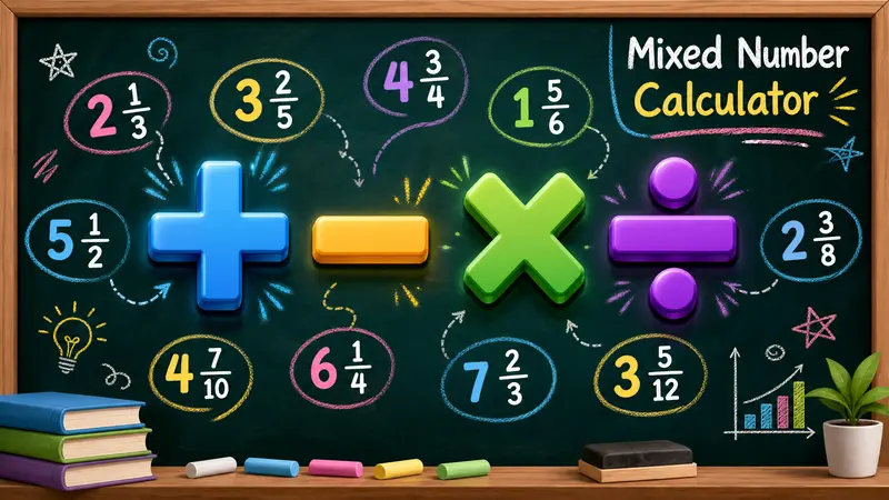 Digital chalkboard illustration showing addition, subtraction, multiplication, and division symbols with mixed numbers, titled "Mixed Number Calculator."