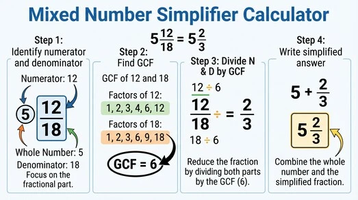 Step-by-step Mixed Number Simplifier Calculator example using GCF and lowest terms