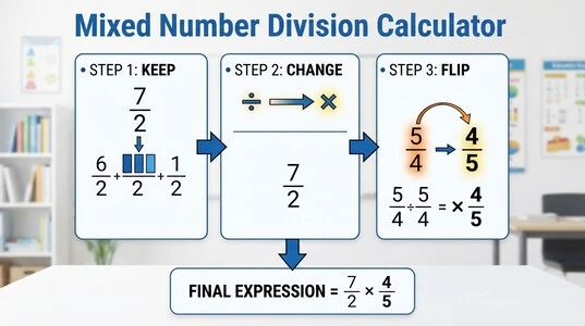 Mixed Number Division Calculator showing Keep Change Flip method