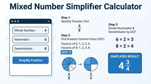 Mixed Number Simplifier Calculator showing fraction simplification steps and GCF calculation