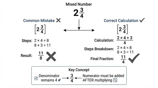 Mixed Number Equivalent Calculator comparison showing why 2 3/4 equals 11/4 rather than 11/8