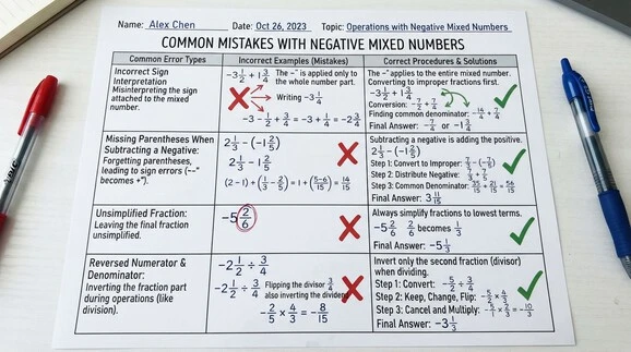 Common mistakes when calculating with negative mixed numbers and fractions