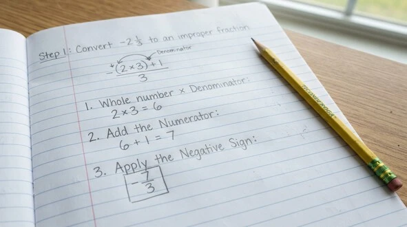 Step-by-step conversion of −2 1/3 to the improper fraction −7/3
