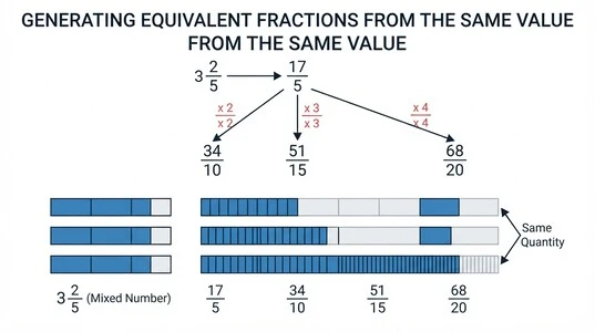 Mixed Number Equivalent Calculator diagram showing 3 2/5 generating equivalent fractions 17/5, 34/10, 51/15, and 68/20