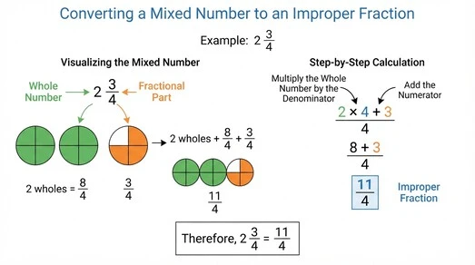 Mixed Number Equivalent Calculator conversion diagram: 2 3/4 converted to the equivalent improper fraction 11/4