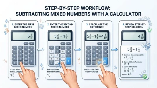 Steps for using a mixed number subtraction calculator to find a fraction difference