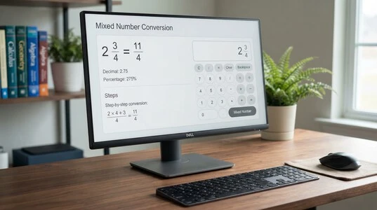 Mixed Number Equivalent Calculator showing 2 3/4 converted to 11/4