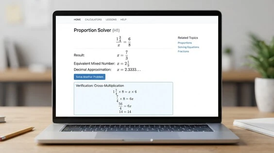 Mixed Number Proportion Calculator showing exact fraction, mixed number, decimal, and verification