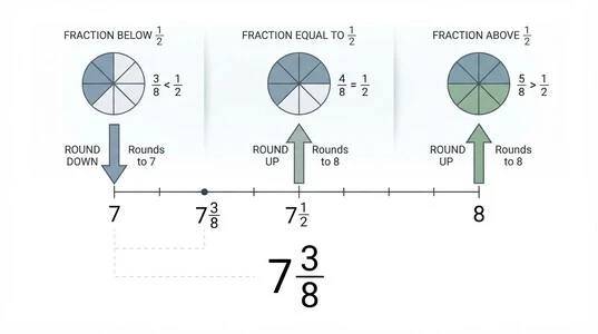 Mixed number rounding rule comparing the fraction with one half