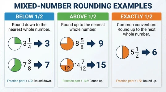 Examples of mixed numbers rounding down, up, and at the halfway point