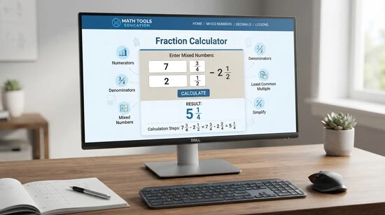 Mixed Number Subtraction Calculator showing a mixed number subtraction problem