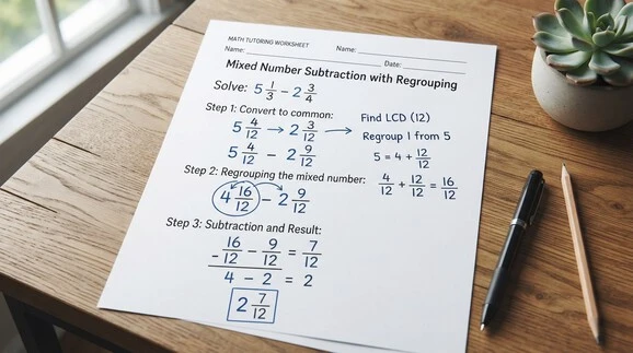 Worked example of subtracting mixed numbers with unlike denominators and regrouping