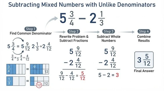 Converting unlike denominators to twelfths when subtracting mixed numbers