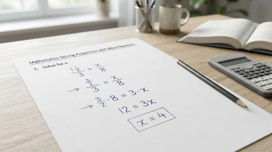 Worked example solving a proportion with a mixed number