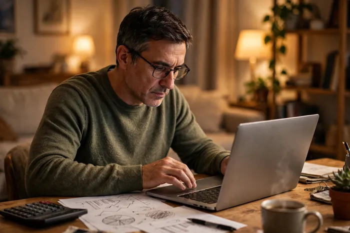 Férfi laptop előtt ül és állampapír kalkulátor segítségével számolja a befektetés hozamát