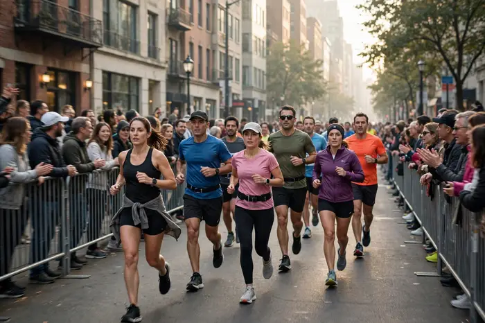 Grupa biegaczy na maratonie w mieście, kalkulator biegowy pomaga dobrać tempo