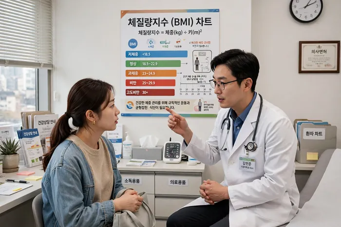 bmi 계산기 차트와 함께 진료실에서 상담하는 한국 의사