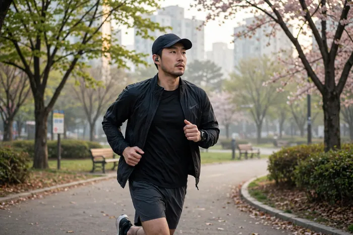 bmi 계산기로 확인하며 공원에서 아침 조깅하는 한국 남성