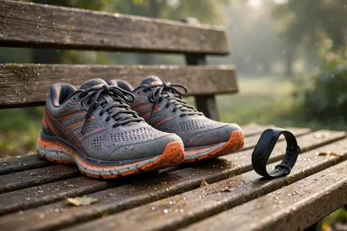 Běžecké boty a fitness náramek na lavičce s bmi kalkulačka