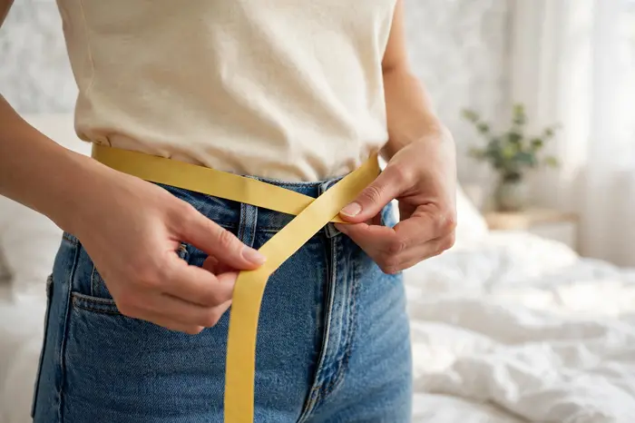 Kvinna mäter midjan med måttband — bmi kalkylator som komplement till midjemått
