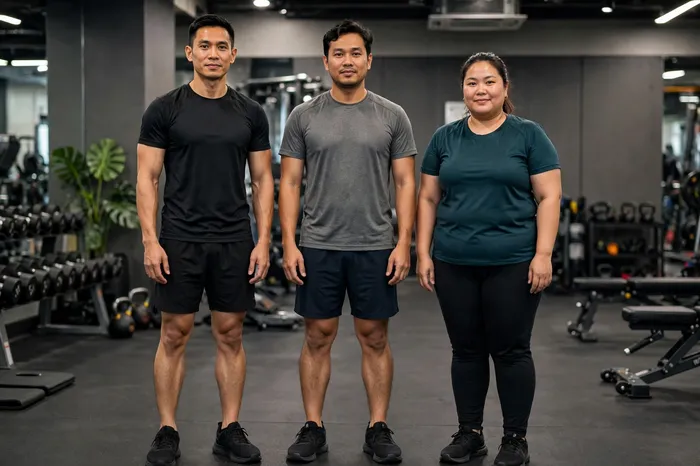 Tiga orang dengan BMI sama tetapi komposisi badan berbeza dan kalkulator bmi