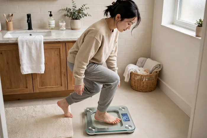 한국 여성이 집에서 bmi 계산기와 함께 체중계에 오르는 모습