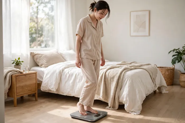 体重計に乗る女性とbmi 計算機の正しい測り方