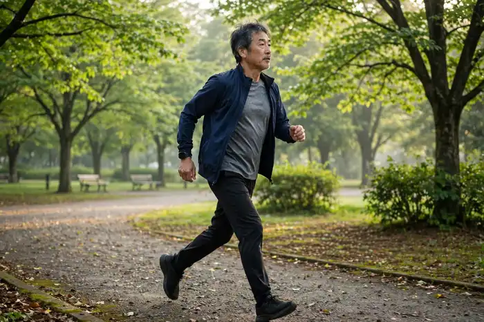 ウォーキングで健康管理する男性とbmi 計算機