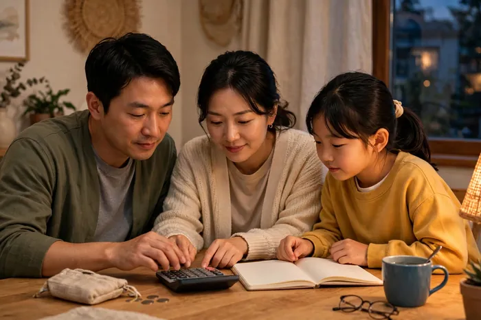 가계부를 보며 저축 계획을 세우는 가족 — 복리 계산기로 세후 금액까지 확인