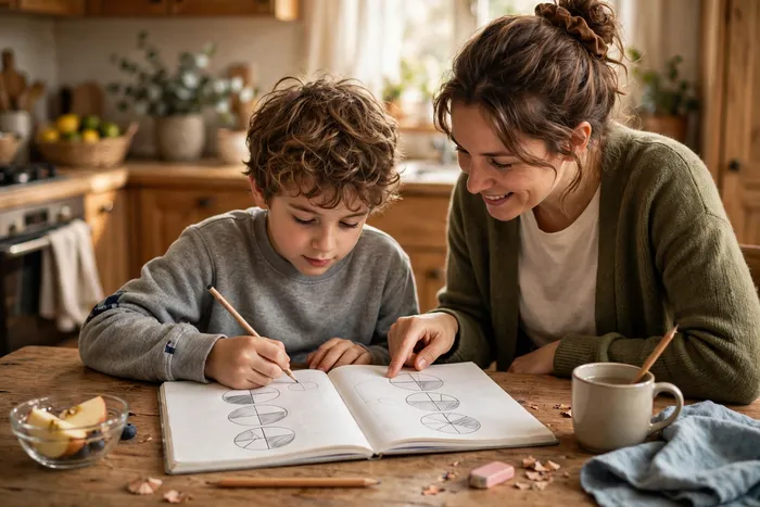 Kind maakt huiswerk over breuken met de breuken rekenmachine