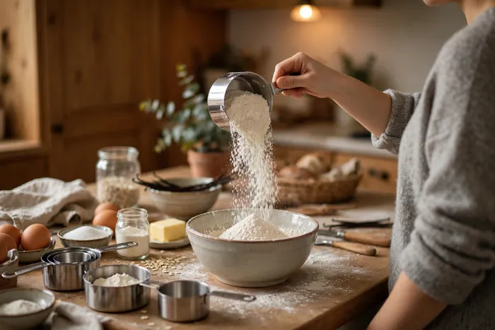 Bakken met maatbekers en de breuken rekenmachine