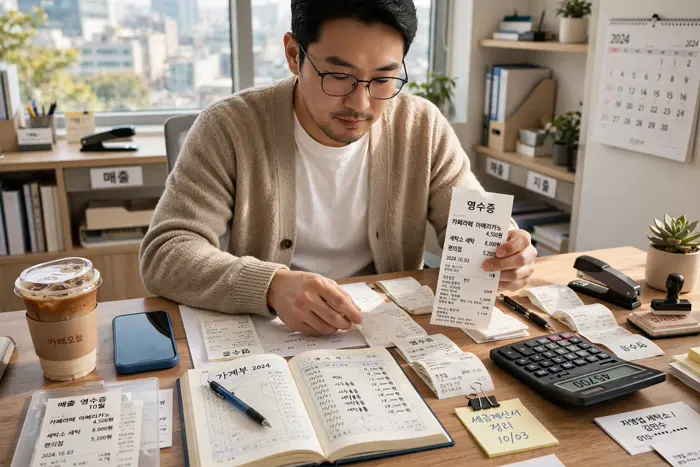 사무실에서 계산기로 매입세액을 정리하는 자영업자의 부가세 계산기 사용 장면