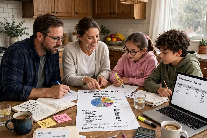 Famiglia che pianifica il budget con la calcolatrice percentuale in cucina