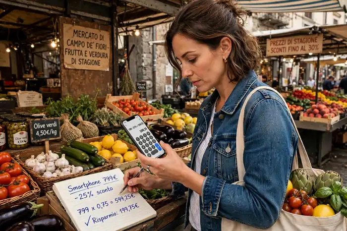 Acquirente che calcola uno sconto con la calcolatrice percentuale al mercato