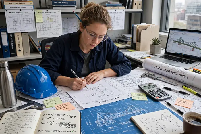 Ingegnere che fa calcoli avanzati con la calcolatrice scientifica sui progetti tecnici