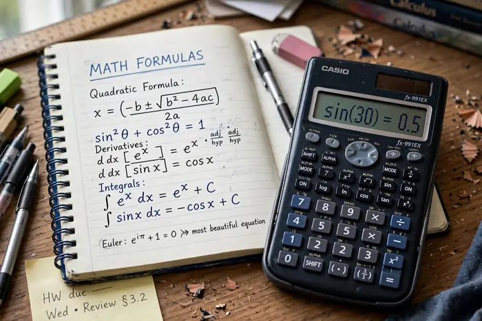 Una calcolatrice scientifica su una scrivania accanto a un quaderno con formule matematiche