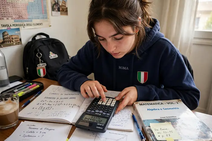 Studente italiano che usa la calcolatrice scientifica per i compiti di matematica