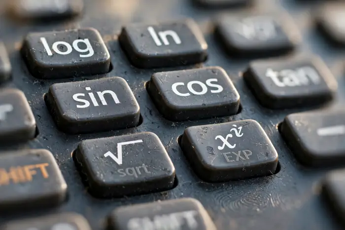 Primer plano de los botones de logaritmo, seno y coseno de una calculadora científica