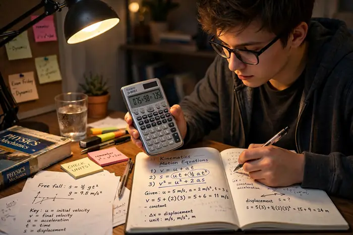 Estudiante resolviendo ecuaciones de física con su calculadora científica