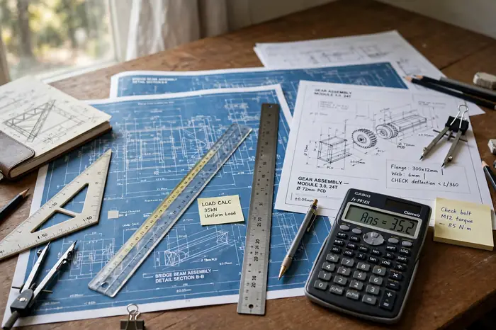 Escritorio de ingeniería con planos técnicos y una calculadora científica
