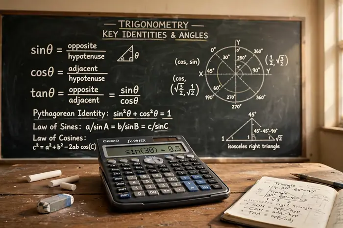Uso de la calculadora científica junto a fórmulas de trigonometría escritas en una pizarra